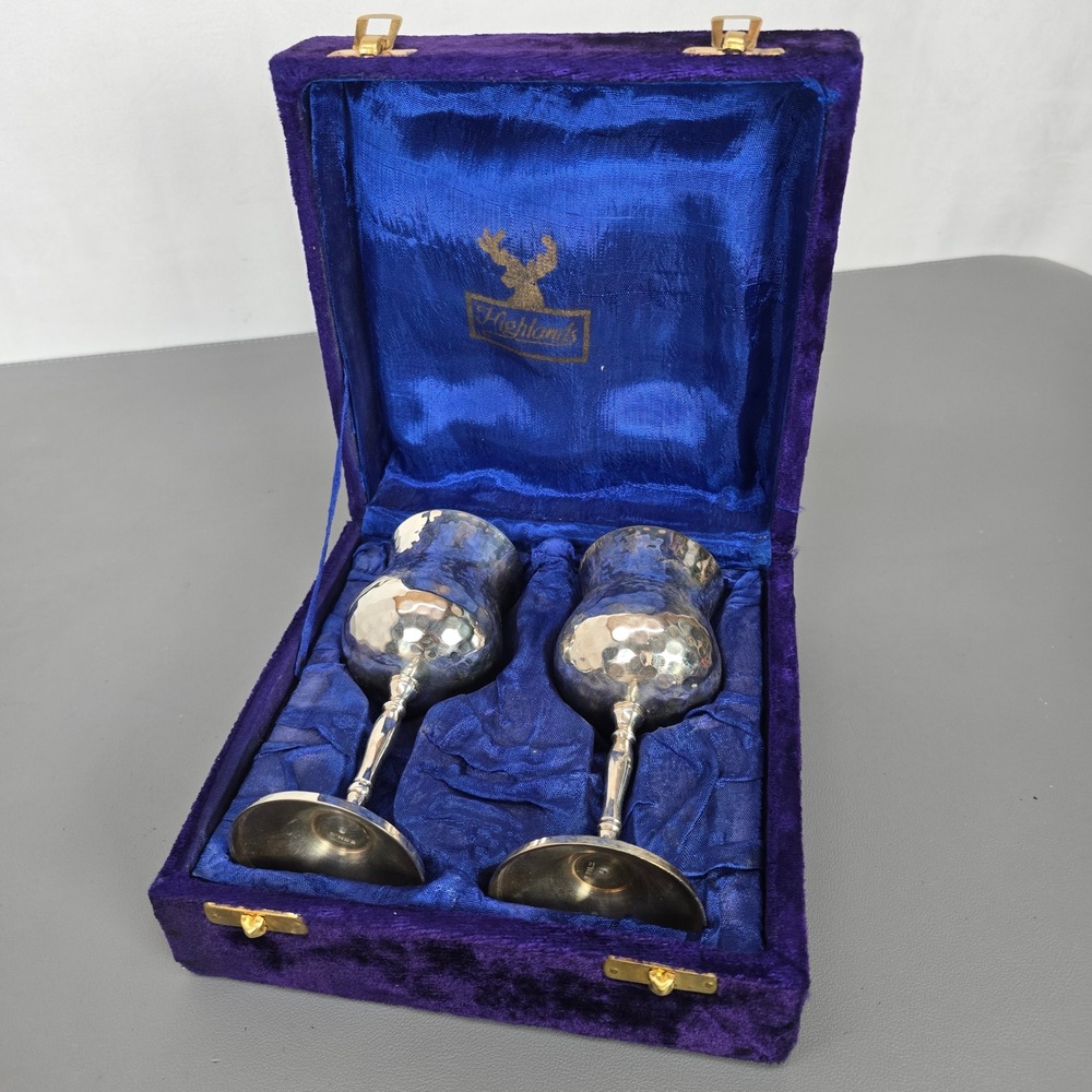 Vintage Highlands EPNS Silver Plated Hammered Wine Goblets Set of 2 W/ Case